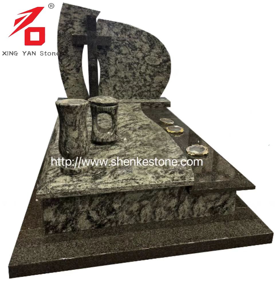 चिनी ऑलिव्ह ग्रीन ग्रॅनाइट अंत्यसंस्कार स्मारक (फुलदाणीसह)